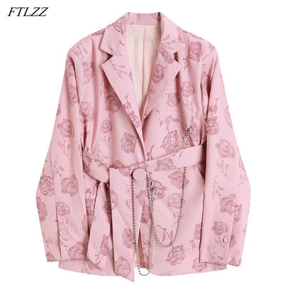 Frühling Frauen Vintage Rosa Druck Single Button Blazer Damen Elegante Schärpen Kette Mode Dünne Anzug Jacke 210430