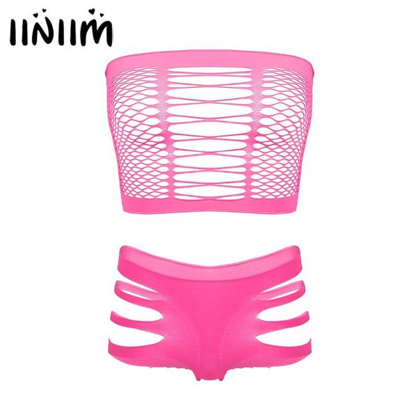 

iiniim womens lingerie sets breast hollow out sissy club clothes sleeveless fishnet crop with briefs panties underwear bras, Red;black