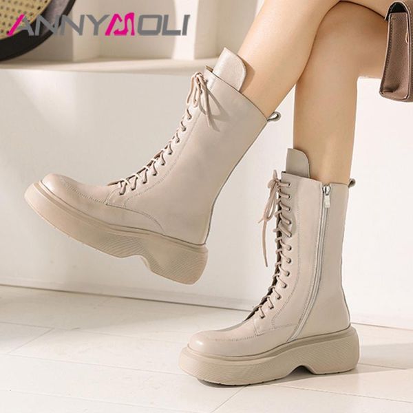 

boots annymolimid calf motorcycle women real leather shoes platform mid heel zipper chunky heels lady autumn winter, Black