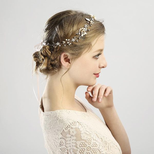 

hair clips & barrettes gold freshwater pearls crystal bridal vine ribbon headband wedding bride accessories leaf hairbands, Golden;silver