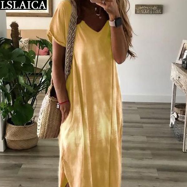

tie dye print woman dress summer short sleeve v neck casual loose maxi split streetwear plus size long vestido 210520, Black;gray