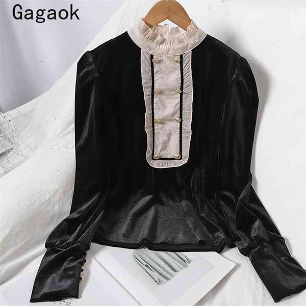 

party blouse women spring autumn vintage button patchwork stand puff sleeve slim shirts chic fashion blouses 210531, White