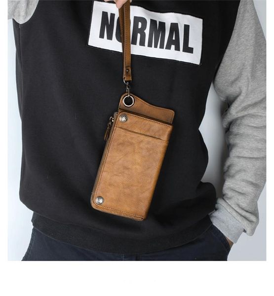 

handmade genuine leather long wallet retro distressed multi-card bag men's hand large-capacity zipper phone wallets, Red;black
