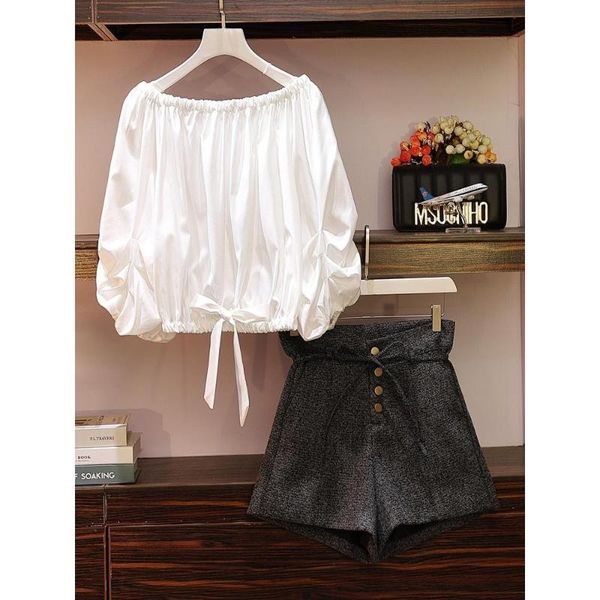 

summer women off shoulder ruched shirt with puff sleeve + short pant plus size female 2 piece set suit outfit z187 two dress, White