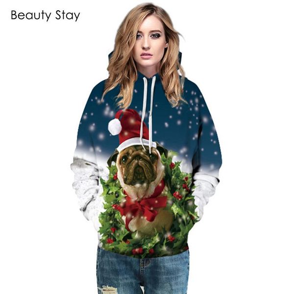 

women's hoodies & sweatshirts beautystay women christmas 3d dog print hooded sweatshirt harajuku hoodie hoody hip hop streetwear pullov, Black
