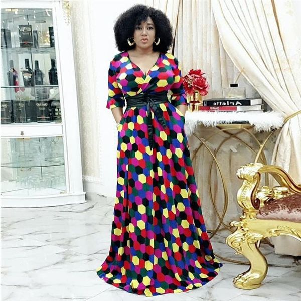 

ethnic clothing dashiki dresses for lady selling 2021 multicolored deep v-neck three quarter flared sleeves maxi dress with belt party, Red