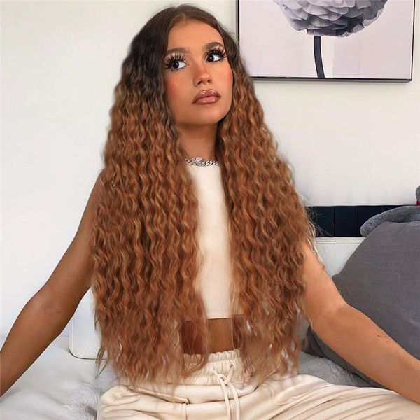 

24inch long omber black brown curly wig lace front synthetic wig nature looking heat resistant fiber for women daily party use