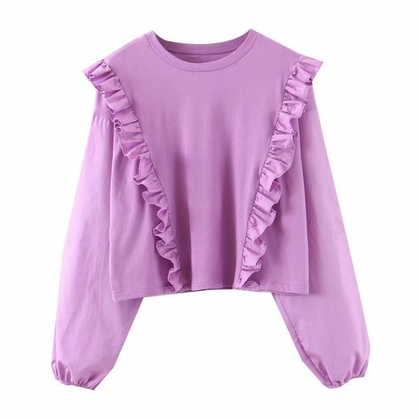 

women's hoodies & sweatshirts wy299 ladies sweet front ruffles o neck long sleeve sweatshirt casual purple color pullovers jumper, Black