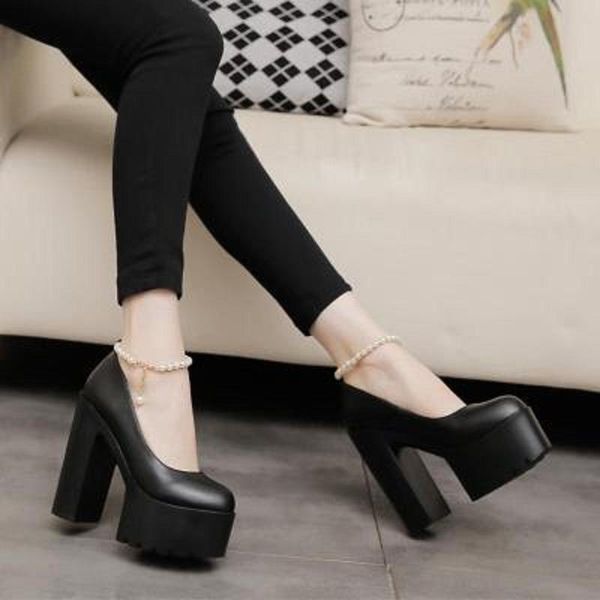 

dress shoes 2021 spring and autumn ladies round head single super high heel thick with pearl low to help women's, Black