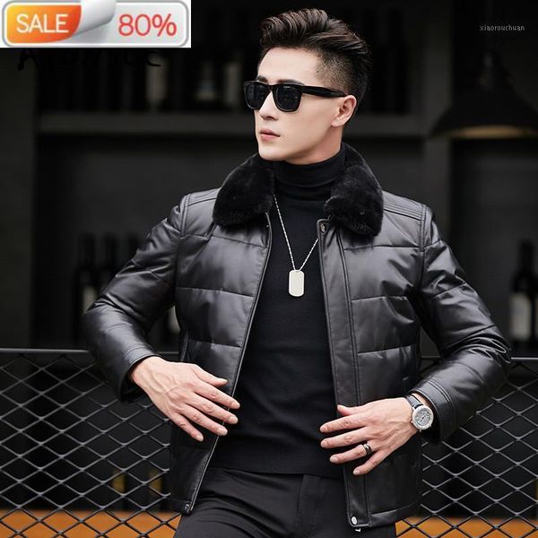 

men's leather & faux genuine collar duck down jackets winter jacket men sheepskin coat cuero genuino a1xa703yy265, Black