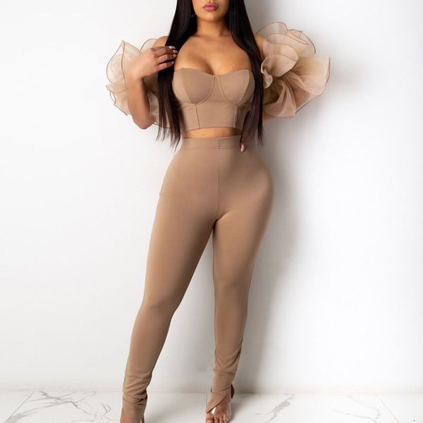 

off shoulder mesh tube and slim long pants women elegant solid bodycon two piece fashion casual party club suits guwd 4z2e, Gray