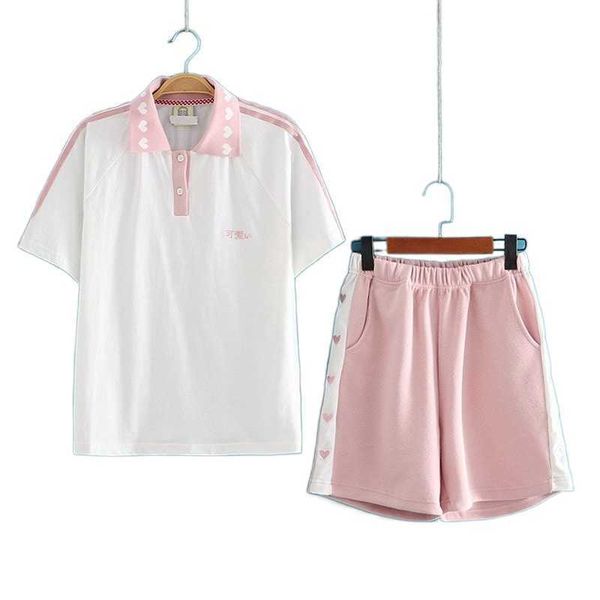 

women short sets sleeve turndown collar t shirt and hight waist s summer female casual 2 piece set clothes 210526, White