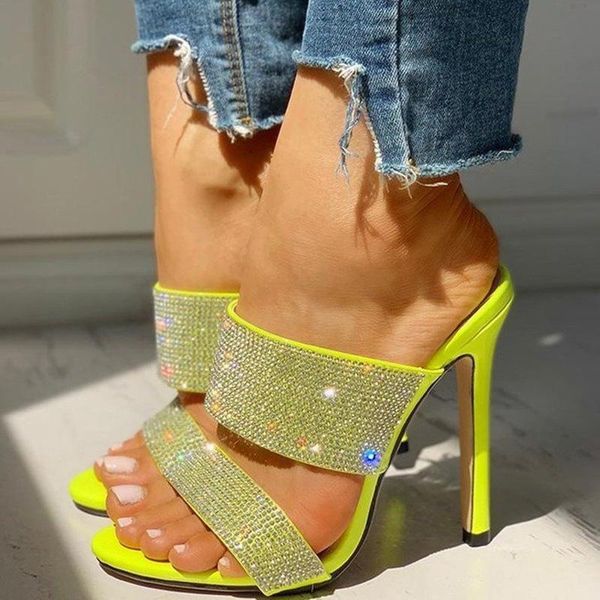 

slippers 2021 summer thin heel female crystal shoes women high heels women's bling woman ladies footwear plus size, Black