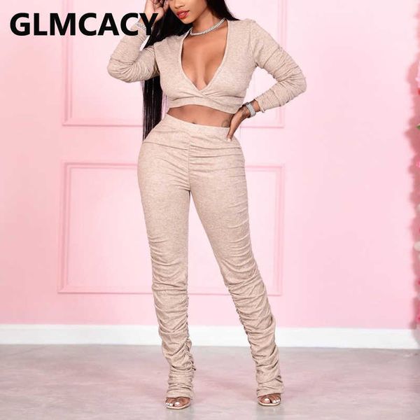 

women two piece solid suits v neck crop & slim ruched pants set 210702, White