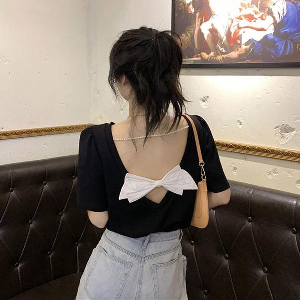 

summer korean version 2021 loose temperament bow design sense backless bubble short sleeve t-shirt women's wear[delivery, White