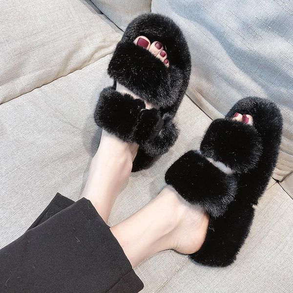 

high-heeled shoes lady womens slippers outdoor luxury slides fur flip flops pantofle platform flock designer plush 2021 massage, Black