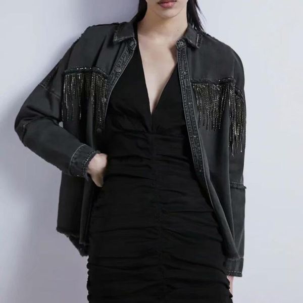 

autumn women tassel denim jackets coats long sleeve beading single breasted female loose fashion jacket plus size women's, Black;brown