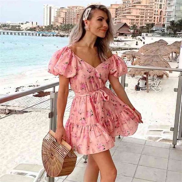 

bowknot print boho summer dress for women puff sleeve vintage floral beach short mini pink vestidos 210427, White