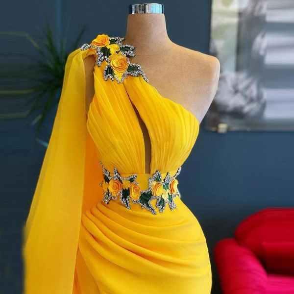 

party dresses charming yellow one shoulder mermaid evening sleeveless side split crystals women pageant dressing gowns 2021, White;black