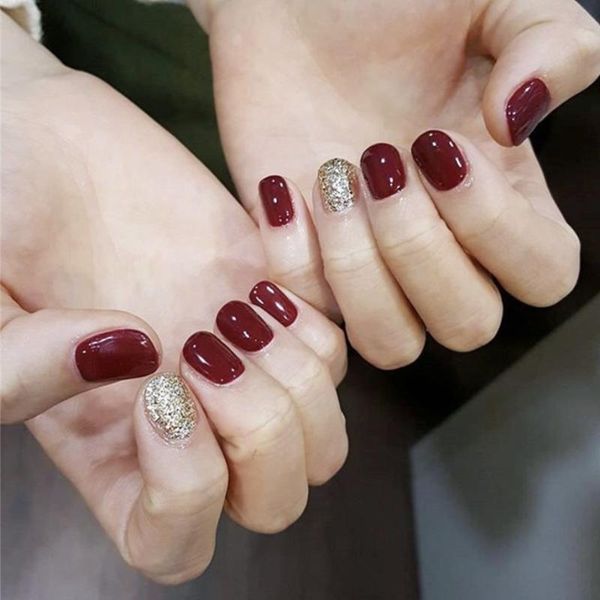 

false nails square press on medium matte fake 24pcs golden and red full cover acrylic for women & girls, Red;gold