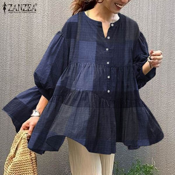 

blouses 2021 autumn ruffle women blouses retro cotton plaid shirts casual o-neck long sleeve female button up oversized 5xl, White