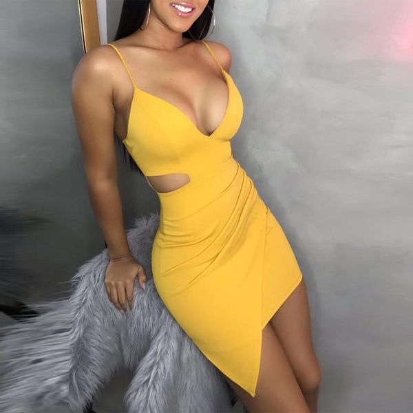 Sexy Wrap Hip Mini abito irregolare giallo scava fuori Night Club Party Vestido Mujer cinturino per spaghetti increspato abito elegante donna 210507