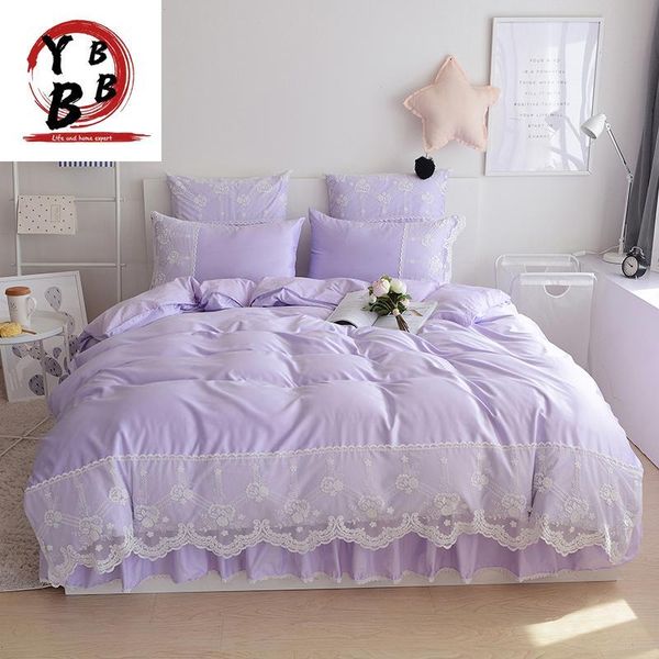 

bedding sets light purple cotton silk  king tribute duvet cover bed skirt pillowcases 4pcs princess lace bedclothes