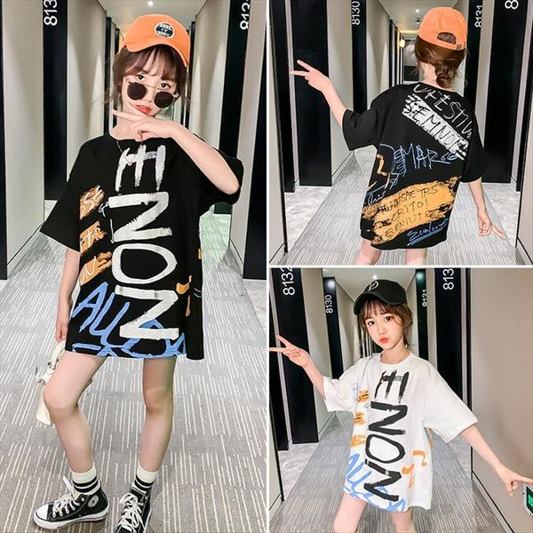 

teenage childrens letter crew neck summer little girl short sleeve loose long t shirt korean cute 8 10 12, Blue