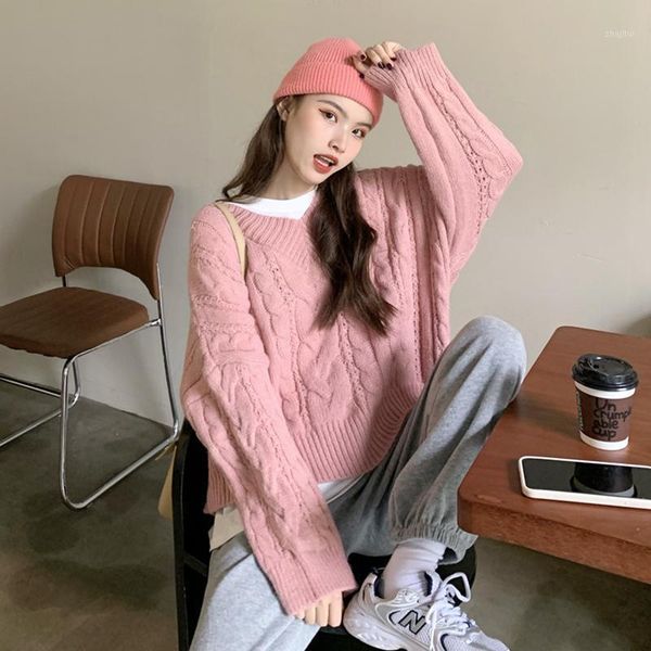 

pink sweater for women loose outer wear autumn and winter 2021 korean style retro japanese gentle pullover inner women's sweaters, White;black