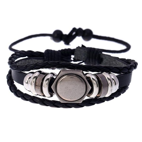 

link, chain punk hiphop men black leather bracelet vintage alloy beads nut charm braided wrap bangle wristbands women casual fashion jewelry