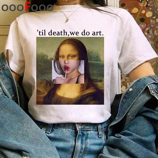 

mona lisa aesthetic harajuku grunge women funny cartoon ullzang vintage 90s fashion tees female, White