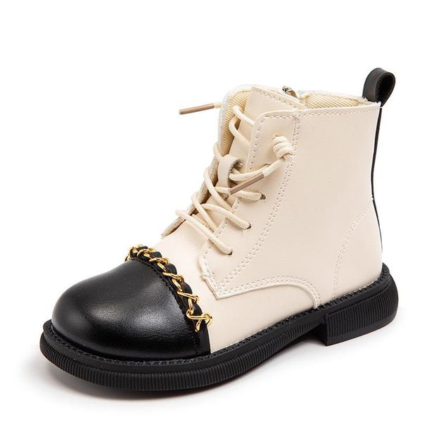 

boots girls pu leather autumn 2021 children single metal exquisite decoration soft bottom patchwork, Black;grey