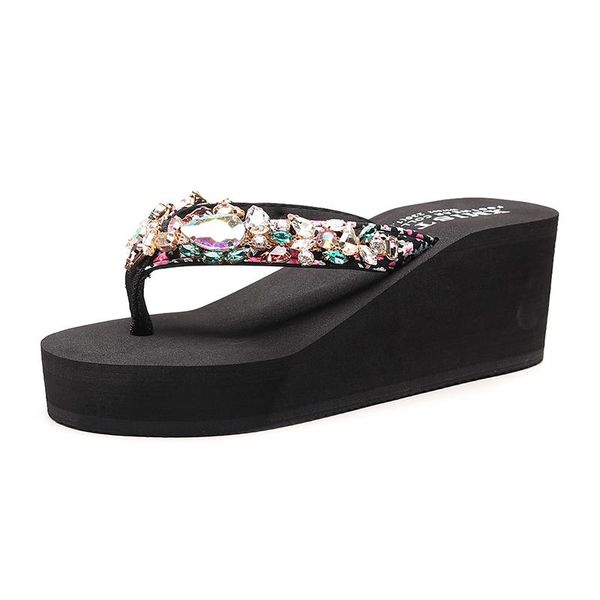 

slippers luxury rhinestones diamond flip flops sandals holidays beach shoes wedge platform sandal women size 33-42, Black