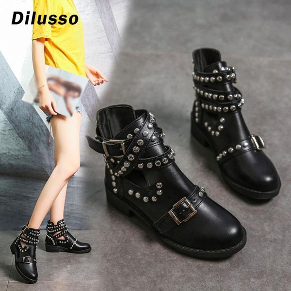 

boots rivet autumn women platform black leather gothic punk style combat for mid heels comfortable