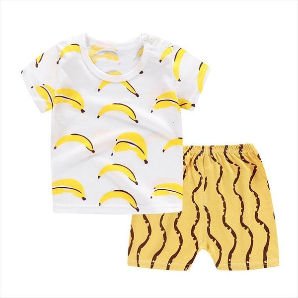 

summer cotton baby short sleeved banana pattern two piece kids half sleeve clothes suit, White