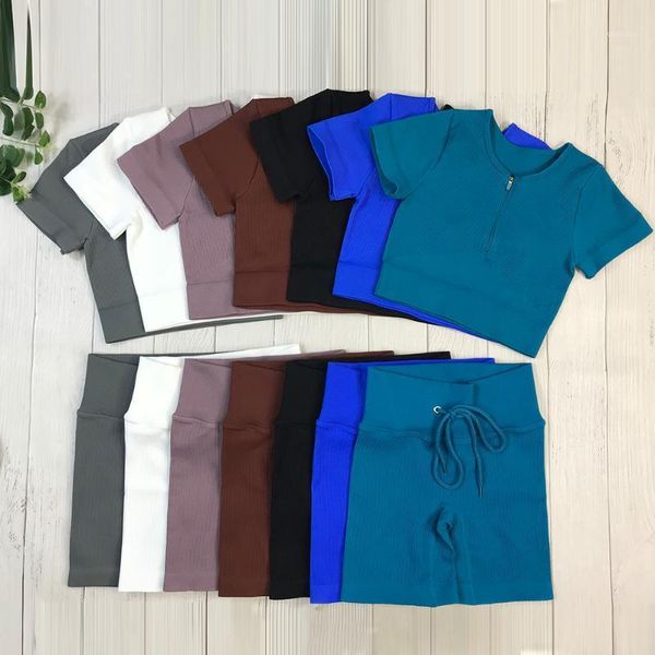 

yoga outfit seamless set sport suit women workout clothes gym zipper short sleeve crop drawstring sports shorts fitness sportswear