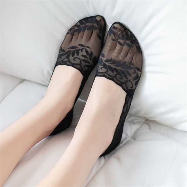 

2020 new designs leaf pattern lace boat socks summer thin breathable women girls sock slippers no-slip, Black;white