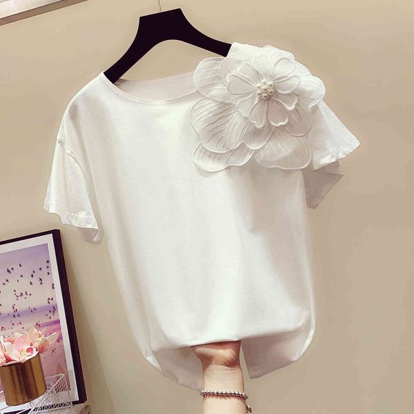 

t shirt tshirt women summer stereo flower decoration t-shirt woman round neck short sleeve white t shirts lady harajuku