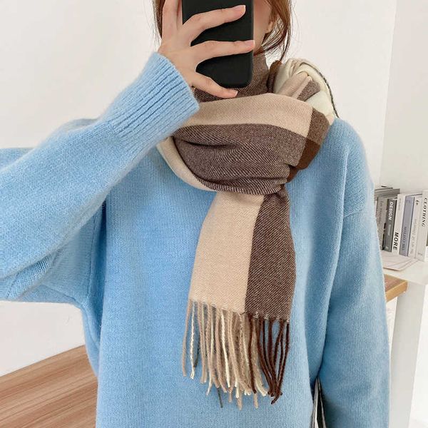 

south korea dongdamen plaid scarf winter 2021 thickened warm imitation cashmere tassel shawl women's neck, Blue;gray