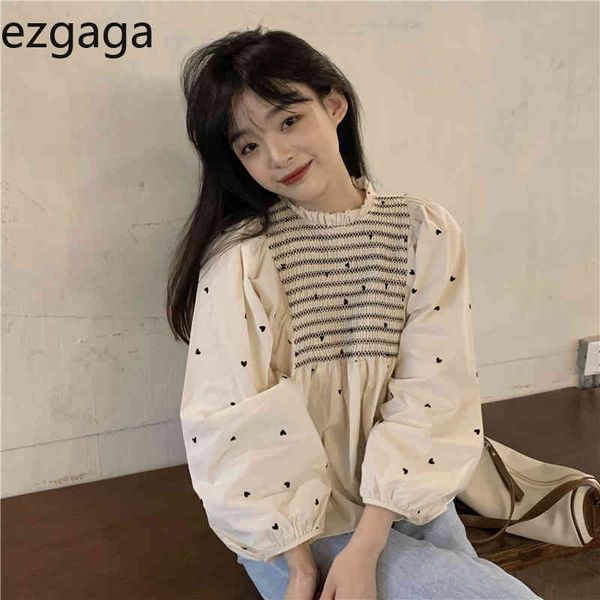 

ezgaga sweet love floral puff sleeve women blouse french style spring new fashion o-neck ruched girl shirts all-match 210430, White