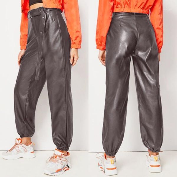 

women's pants & capris fashion overalls trousers pu leahter 2021 zanzea casual belt high waist pantalon feamle solid turnip plus size, Black;white