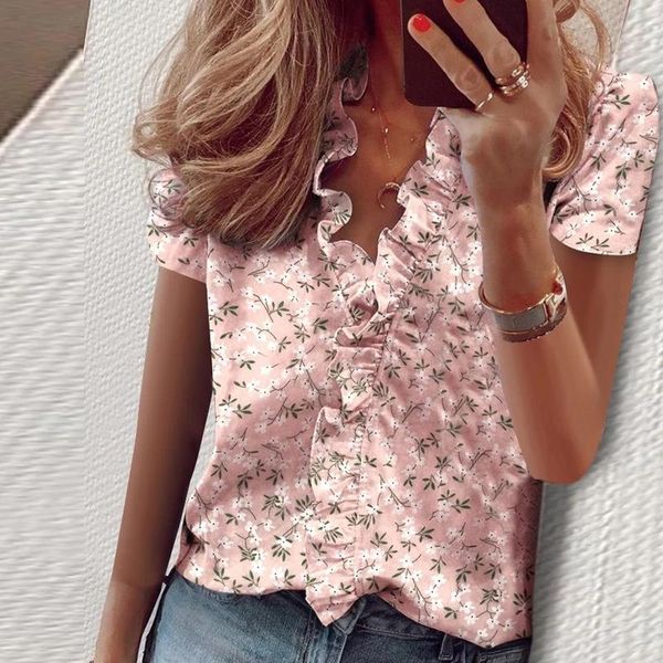 

women's blouses & shirts short sleeve ladies summer blouse office lady clothing fashion ruffle v-neck solid shirt casual female, White