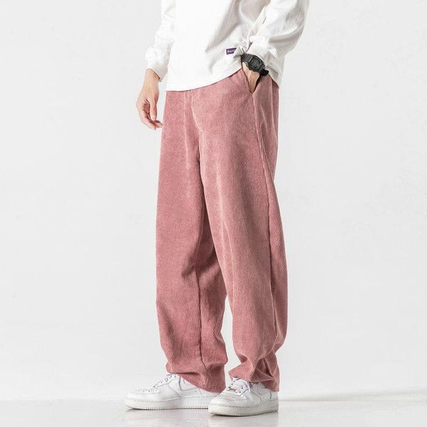 

men's pants corduroy men casual loose staight pant 2021 winter fashion pink solid color male woman trousers streetwear hip hop, Black