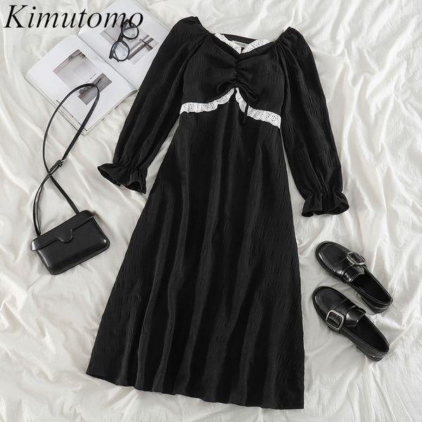 Kimutomo Vintage Fungo Patchwork Abiti Donne Spring French in stile francese femmina a V-Neck High Waist Burnfly Sleeve Vestido 210521