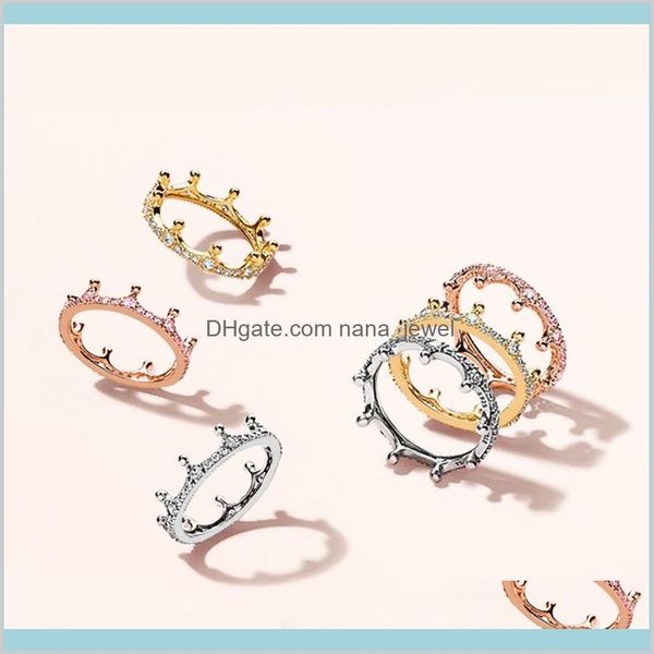 

18k rose gold yellow gold plated enchanted crown ring original box for pandora 925 sterling silver cz diamond women wedding ps0879 4c6 0mgf4, Slivery;golden