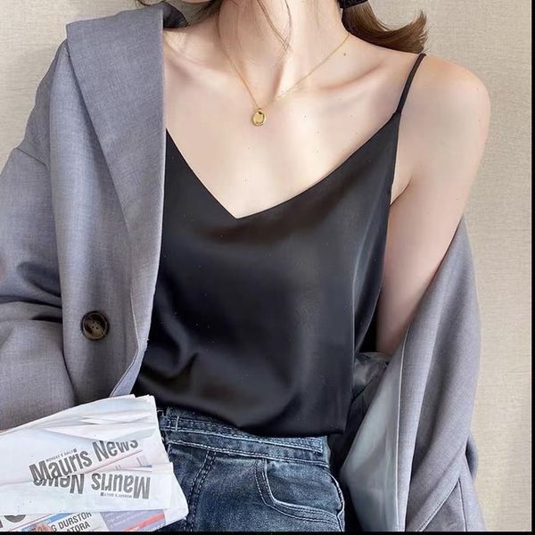 

silk halter summer women tanks v neck vest korean streetwear plus size shirts, White