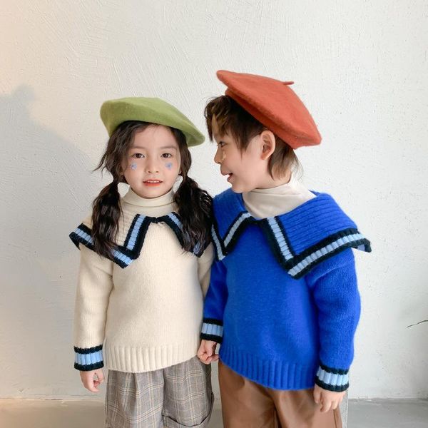 

pullover sweater o-neck collar full sleeve solid cotton fashion warm cute simple comfortable spring autumn kids girls, Blue