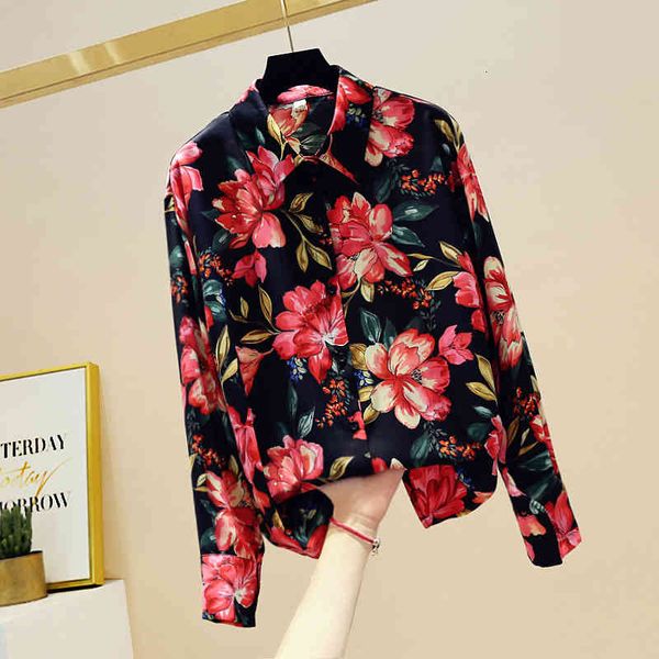 

shirt long sleeve camisas mujer spring flower chiffon fashion turn-down up women, White