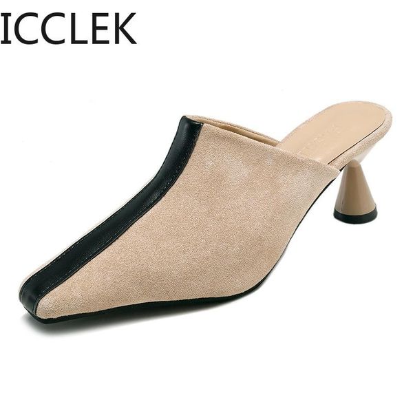 

pointed mid heels slippers women summer shoes sandals mesh slingback breathable mules shallow slides, Black