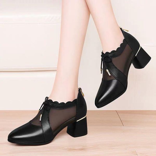 

summer mesh peep toe sandals heels single shoes women in europe and america 2021 spring gauze mujer, Black